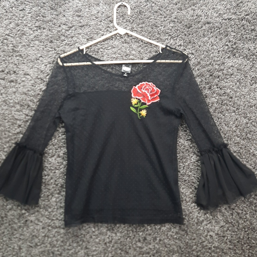 Disney Coco Blouse Shirt Women Small Black Semi Sheer Rose Bell Sleeve Boat Neck